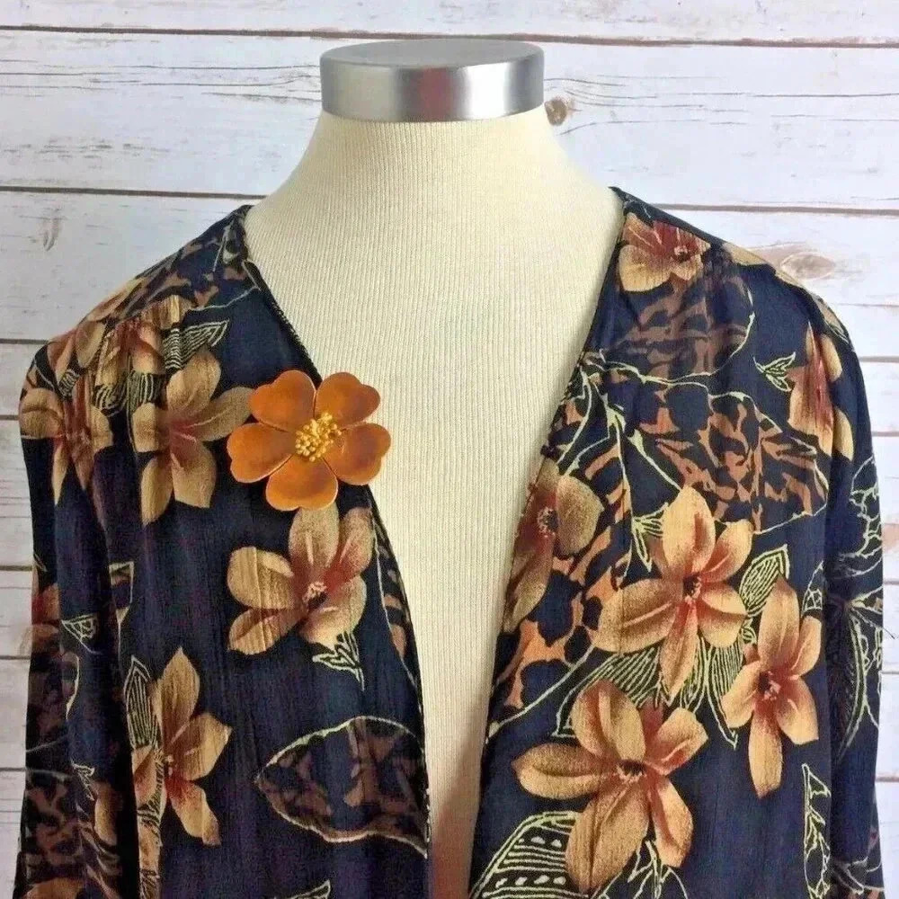 SEQUEL Women Long Sleeve Floral Black & Brown Collarless Cardigan Blouse Size 6 - Picture 2 of 10